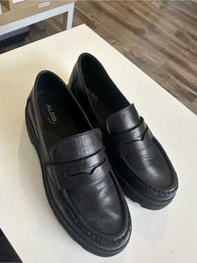 Aldo Black Leather Penny Loafers — Women’s Slip-On Flats